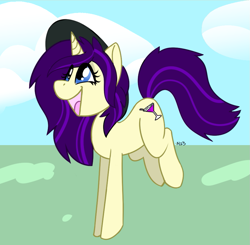 Size: 869x851 | Tagged: safe, artist:vanillayote, imported from derpibooru, oc, pony, unicorn, female, hat, horn, kicking, open mouth, open smile, outdoors, smiling, solo, unicorn oc