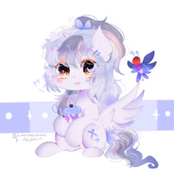 Size: 1024x1024 | Tagged: safe, artist:magicangelstarartist, imported from derpibooru, oc, oc only, oc:butterfly layla, pegasus, pony, female, flower, flower in hair, mare, simple background, sitting, solo, spread wings, wings