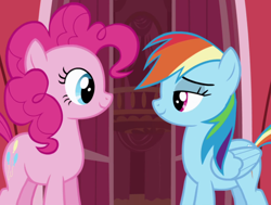 Size: 1034x780 | Tagged: safe, imported from derpibooru, screencap, pinkie pie, rainbow dash, earth pony, pegasus, pony, griffon the brush off, season 1, cropped, duo, duo female, eye contact, female, lidded eyes, looking at each other, looking at someone, mare, smiling