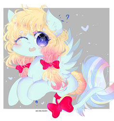 Size: 1024x1084 | Tagged: safe, artist:magicangelstarartist, imported from derpibooru, oc, oc only, oc:stefilia, pegasus, bow, looking at you, one eye closed, shocked, simple background, solo, spread wings, wings, wink