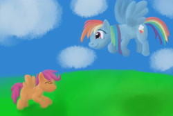 Size: 3000x2000 | Tagged: safe, artist:jimthecactus, imported from derpibooru, rainbow dash, scootaloo, pegasus, pony, duo, eyes closed, female, filly, flying lesson, foal, high res, mare