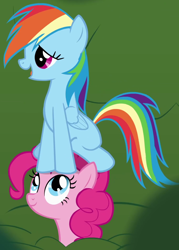 Size: 682x953 | Tagged: safe, imported from derpibooru, screencap, pinkie pie, rainbow dash, earth pony, pegasus, pony, griffon the brush off, season 1, cropped, duo, duo female, female, mare, oblivious, ponies riding ponies, pony hat, rainbow dash riding pinkie pie, riding, sitting, sitting on person, sitting on pony