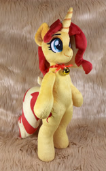 Size: 2424x3886 | Tagged: safe, artist:doctorkoda, imported from derpibooru, sunset shimmer, pony, unicorn, bell, bipedal, collar, commission, female, happy, horn, irl, mare, photo, plushie, smiling, solo, standing