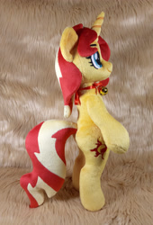 Size: 2640x3886 | Tagged: safe, artist:doctorkoda, imported from derpibooru, sunset shimmer, pony, unicorn, bell, bipedal, collar, commission, female, happy, horn, irl, mare, photo, plushie, smiling, solo, standing