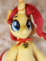 Size: 3072x4096 | Tagged: safe, artist:doctorkoda, imported from derpibooru, sunset shimmer, pony, unicorn, bell, bipedal, collar, commission, female, happy, horn, irl, mare, photo, plushie, smiling, solo, standing
