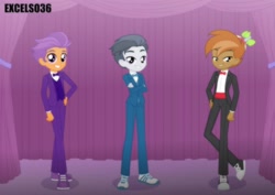 Size: 1062x751 | Tagged: safe, artist:excelso36, imported from derpibooru, part of a set, button mash, rumble, tender taps, human, equestria girls, bowtie, casual, clothes, commission, converse, equestria girls-ified, formal wear, hat, lidded eyes, male, shoes, skirt, suit, suspenders, trio, trio male