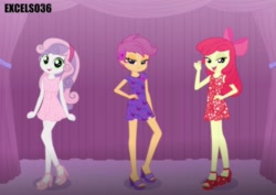 Size: 1062x751 | Tagged: safe, artist:excelso36, imported from derpibooru, part of a set, apple bloom, scootaloo, sweetie belle, human, equestria girls, bowtie, casual, clothes, commission, converse, cutie mark crusaders, dress, feet, female, formal wear, hat, heel sandals, high heels, lidded eyes, nail polish, open-toed shoes, sandals, shoes, skirt, slip-on sandals, suit, suspenders, toenail polish, toes, trio, trio female