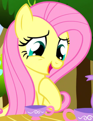 Size: 623x805 | Tagged: safe, imported from derpibooru, screencap, fluttershy, pegasus, pony, season 1, stare master, cropped, cup, cute, female, fluttershy's cottage, food, hnnng, hoof on chest, mare, open mouth, raised hoof, shyabetes, sitting, smiling, talking, tea, tea party, teacup