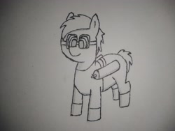 Size: 4160x3120 | Tagged: safe, artist:valuable ashes, imported from derpibooru, oc, unnamed oc, earth pony, pony, clothes, goggles, male, monochrome, oxygen tank, pants, shirt, solo, three quarter view, traditional art