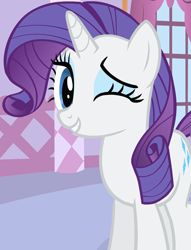 Size: 826x1080 | Tagged: safe, imported from derpibooru, screencap, rarity, pony, unicorn, season 1, stare master, cropped, cute, female, grin, happy, looking at you, mare, one eye closed, raribetes, smiling, wink, winking at you