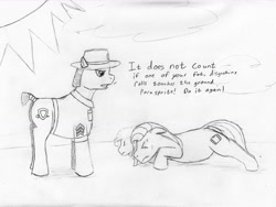 Size: 1698x1276 | Tagged: safe, artist:jimthecactus, imported from derpibooru, oc, oc only, earth pony, pony, dialogue, drill sergeant, eyes closed, floppy ears, grayscale, hat, male, monochrome, pencil drawing, ponysona, push-ups, stallion, traditional art