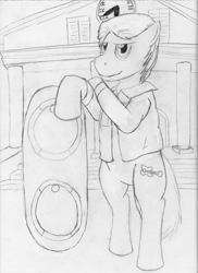 Size: 1276x1748 | Tagged: safe, artist:jimthecactus, imported from derpibooru, earth pony, pony, back to the future, bipedal, bipedal leaning, grayscale, hoverboard, leaning, looking at you, marty mcfly, monochrome, pencil drawing, ponified, smiling, smiling at you, smirk, solo, traditional art