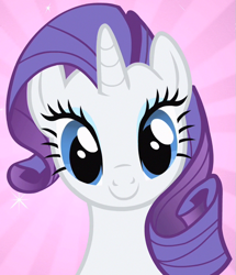 Size: 611x711 | Tagged: safe, imported from derpibooru, screencap, rarity, pony, unicorn, a dog and pony show, season 1, beautiful, bust, cropped, cute, female, happy, implied spike, looking at you, mare, pink background, raribetes, simple background, smiling, solo