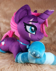 Size: 3054x3849 | Tagged: safe, artist:doctorkoda, imported from derpibooru, tempest shadow, pony, unicorn, bell, broken horn, clothes, collar, female, horn, irl, lying down, mare, photo, plushie, prone, scar, socks, solo, striped socks