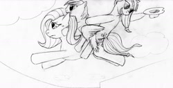 Size: 1714x871 | Tagged: safe, artist:jimthecactus, imported from derpibooru, applejack, fluttershy, earth pony, pegasus, pony, applejack riding fluttershy, female, filly, flying, foal, grayscale, hat off, mare, monochrome, pencil drawing, ponies riding ponies, riding, traditional art, trio