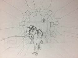 Size: 3264x2448 | Tagged: safe, artist:anxiouspon, imported from derpibooru, oc, oc only, oc:velvet remedy, pony, unicorn, fallout equestria, female, mare, sketch, solo, stable door, traditional art, unshorn fetlocks