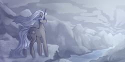 Size: 8000x4000 | Tagged: safe, artist:dreamyrat, imported from derpibooru, oc, oc only, pony, unicorn, blue eyes, cloud, horn, male, mountain, river, snow, solo, stallion, trade, unicorn oc, water