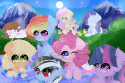 Size: 600x400 | Tagged: safe, artist:magicangelstarartist, imported from derpibooru, applejack, fluttershy, pinkie pie, rainbow dash, rarity, twilight sparkle, oc, earth pony, pegasus, pony, unicorn, female, many many pony, mare, meme, moon, mountain, mountain range, one eye closed, sleeping, wink