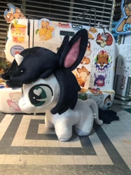Size: 1078x1440 | Tagged: safe, artist:emberfallplush, imported from derpibooru, oc, oc only, unicorn, chibi, colored hooves, commission, female, happy, horn, irl, leonine tail, photo, plushie, smiling, solo, standing, tail