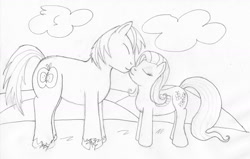 Size: 1393x887 | Tagged: safe, artist:jimthecactus, imported from derpibooru, big macintosh, fluttershy, earth pony, pegasus, pony, boop, eyes closed, female, fluttermac, grayscale, height difference, male, mare, monochrome, noseboop, pencil drawing, shipping, stallion, straight, traditional art