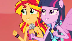 Size: 1920x1080 | Tagged: safe, imported from derpibooru, screencap, sunset shimmer, twilight sparkle, human, equestria girls, rainbow rocks, bare shoulders, clothes, female, sleeveless, solo