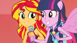 Size: 1920x1080 | Tagged: safe, imported from derpibooru, screencap, sunset shimmer, twilight sparkle, human, equestria girls, rainbow rocks, bare shoulders, clothes, female, sleeveless, solo