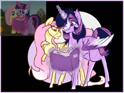 Size: 1280x960 | Tagged: safe, artist:sallybatbridge, imported from derpibooru, fluttershy, twilight sparkle, alicorn, reading, scene interpretation, twilight sparkle (alicorn)