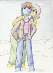 Size: 1266x1736 | Tagged: safe, artist:jimthecactus, imported from derpibooru, fluttershy, rainbow dash, anthro, pegasus, arm hooves, clothes, colored pencil drawing, dress, duo, female, height difference, hiding, hoof on hip, jacket, looking at you, mare, snow, tallershy, traditional art