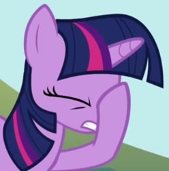 Size: 290x292 | Tagged: safe, imported from derpibooru, screencap, twilight sparkle, pony, unicorn, applebuck season, season 1, cropped, eyes closed, facehoof, female, gritted teeth, mare, picture for breezies, reaction image, solo, teeth, unicorn twilight