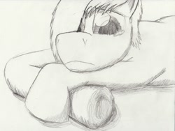 Size: 1620x1219 | Tagged: safe, artist:jimthecactus, imported from derpibooru, oc, oc only, earth pony, pony, crossed hooves, frown, grayscale, hair over one eye, lying down, monochrome, pencil drawing, prone, solo, teary eyes, traditional art