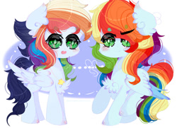 Size: 1024x743 | Tagged: safe, artist:magicangelstarartist, imported from derpibooru, oc, oc only, oc:rainbow swirl, oc:thunder rainbow, pegasus, pony, duo, female, mare, simple background