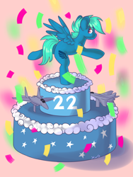 Size: 3000x3999 | Tagged: safe, artist:xwosya, imported from derpibooru, oc, oc:supermoix, pegasus, pony, birthday, birthday cake, cake, cloud, confetti, food, party, plane, sky, smiling, solo, standing, standing on one leg, stars, wings