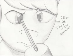 Size: 1778x1362 | Tagged: safe, artist:jimthecactus, imported from derpibooru, oc, oc only, earth pony, pony, close-up, grayscale, hoof hold, looking at something, magnetic hooves, monochrome, pencil, pencil drawing, solo, traditional art