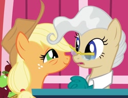 Size: 795x610 | Tagged: safe, imported from derpibooru, screencap, applejack, mayor mare, earth pony, pony, applebuck season, season 1, apple, bags under eyes, basket, cropped, duo, duo female, eye contact, female, food, glasses, lidded eyes, looking at each other, looking at someone, mare, out of context, podium, smiling, tired