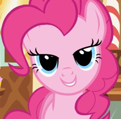 Size: 727x714 | Tagged: safe, imported from derpibooru, screencap, pinkie pie, earth pony, pony, applebuck season, season 1, cropped, female, grin, lidded eyes, looking at you, mare, out of context, smiling, solo, sugarcube corner