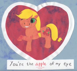 Size: 1357x1242 | Tagged: safe, artist:jimthecactus, imported from derpibooru, applejack, earth pony, pony, female, grin, hatless, holiday, mare, missing accessory, one eye closed, pun, smiling, solo, traditional art, valentine, valentine's day, wink