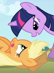 Size: 631x842 | Tagged: safe, imported from derpibooru, screencap, applejack, twilight sparkle, earth pony, pony, unicorn, applebuck season, season 1, cropped, exhausted, eye contact, lidded eyes, looking at each other, looking at someone, lying down, on back, out of context, smiling, tired, unicorn twilight