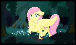 Size: 1344x792 | Tagged: safe, artist:parallel black, imported from derpibooru, fluttershy, pegasus, digital art, everfree forest, female, flower, forest, mare, muddy hooves, pixel art, solo, tree