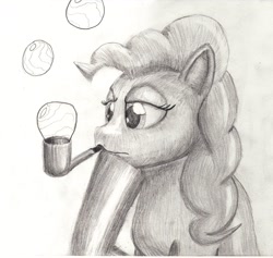 Size: 1439x1362 | Tagged: safe, artist:jimthecactus, imported from derpibooru, pinkie pie, earth pony, pony, bubble pipe, female, grayscale, hoof on chin, lidded eyes, mare, monochrome, mouth hold, pipe, solo, traditional art