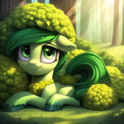 Size: 2560x2560 | Tagged: safe, imported from derpibooru, oc, oc only, earth pony, pony, ai content, ai generated, bush, cute, female, floppy ears, generator:novelai, generator:stable diffusion, high res, hooves, looking at you, lying down, mare, outdoors, prompter:endless--, prone, scenery, smiling, smiling at you, solo, tail, tree
