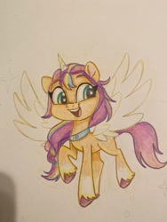 Size: 1536x2048 | Tagged: safe, artist:swirlmlp69768, imported from derpibooru, sunny starscout, alicorn, pony, artificial horn, artificial wings, augmented, colored pencil drawing, female, g5, horn, magic, magic horn, magic wings, mare, race swap, solo, traditional art, unshorn fetlocks, wings