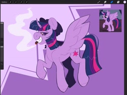 Size: 2732x2048 | Tagged: safe, artist:dejji_vuu, imported from derpibooru, twilight sparkle, alicorn, pony, bloodshot eyes, drug use, drugs, hat, highlight sparkle, joint, marijuana, smoking, solo, twilight sparkle (alicorn)