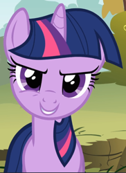 Size: 664x911 | Tagged: safe, imported from derpibooru, screencap, twilight sparkle, pony, unicorn, feeling pinkie keen, season 1, >:d, cropped, evil grin, female, grin, looking at you, mare, smiling, smirk, solo, unicorn twilight