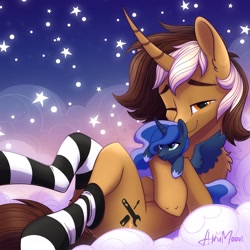 Size: 2048x2048 | Tagged: safe, artist:alrumoon_art, imported from derpibooru, princess luna, oc, alicorn, unicorn, clothes, cloud, male, socks, stallion, stars