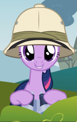 Size: 545x867 | Tagged: safe, imported from derpibooru, screencap, twilight sparkle, pony, unicorn, feeling pinkie keen, season 1, binoculars, cropped, cute, female, hat, looking at you, mare, pith helmet, smiling, solo, twiabetes, unicorn twilight