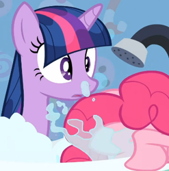 Size: 385x390 | Tagged: safe, imported from derpibooru, screencap, pinkie pie, twilight sparkle, earth pony, pony, unicorn, feeling pinkie keen, season 1, bath, bathtub, cropped, female, mare, out of context, unicorn twilight