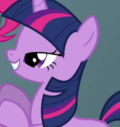 Size: 680x720 | Tagged: safe, imported from derpibooru, screencap, pinkie pie, twilight sparkle, earth pony, pony, unicorn, feeling pinkie keen, season 1, female, lidded eyes, mare, offscreen character, out of context, smiling, solo focus, unicorn twilight