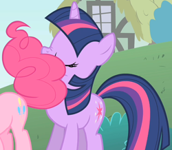 Size: 740x646 | Tagged: safe, imported from derpibooru, screencap, pinkie pie, twilight sparkle, earth pony, pony, unicorn, feeling pinkie keen, season 1, cropped, eyes closed, hat, nose wrinkle, offscreen character, out of context, solo focus, tail, tail on face, umbrella hat, unicorn twilight