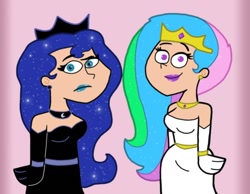 Size: 1134x878 | Tagged: safe, artist:cookie-lovey, imported from derpibooru, princess celestia, princess luna, human, 2012, bracelet, breasts, busty princess celestia, busty princess luna, butch hartman style, clothes, dress, duo, duo female, ear piercing, earring, evening gloves, female, frown, gloves, humanized, jewelry, lipstick, long gloves, looking at you, necklace, piercing, pink background, royal sisters, siblings, simple background, sisters, smiling, smiling at you, style emulation, the fairly oddparents