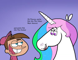 Size: 1134x878 | Tagged: safe, artist:cookie-lovey, imported from derpibooru, princess celestia, alicorn, human, pony, 2012, blue background, bucktooth, crossover, dialogue, duo, duo male and female, female, lidded eyes, looking at each other, looking at someone, male, mare, open mouth, open smile, simple background, smiling, style emulation, the fairly oddparents, timmy turner